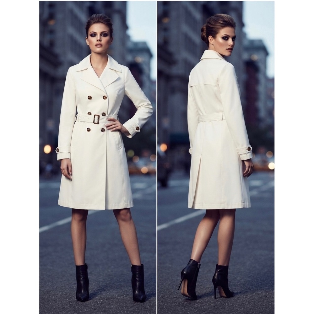 New York & Company Womens White Double Breasted Belted Trench Coat Size M